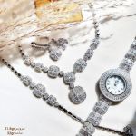 ست سرویس و ساعت نقره 925عیار نگین برلیان و باگت کپی طلا سفید | JCHK-5465