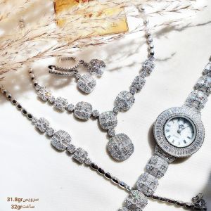ست سرویس و ساعت نقره 925عیار نگین برلیان و باگت کپی طلا سفید | JCHK-5465