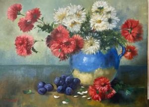 نقاشی نفیس رنگ و روغن روی بوم گلهای داوودی | JCHK-11992