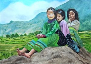تابلو نقاشی رنگ روغن دختران دهکده روی بوم | JCHK-16353