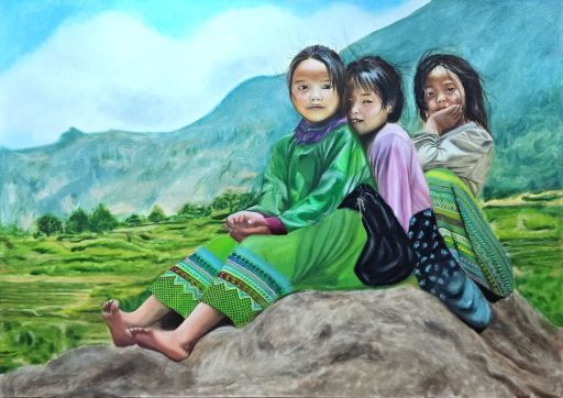 تابلو نقاشی رنگ روغن دختران دهکده روی بوم | JCHK-16353