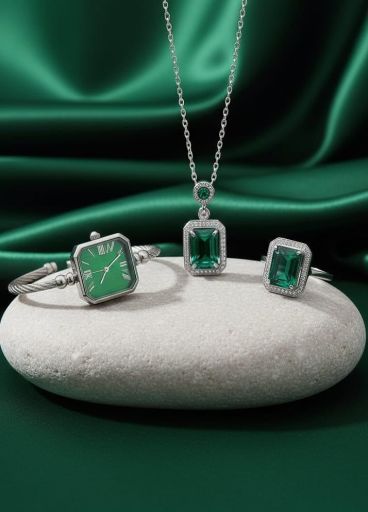  ست زنانه ساعت و گردنبند و انگشتر مدل زمرد-نقره ای | JCHK-16357